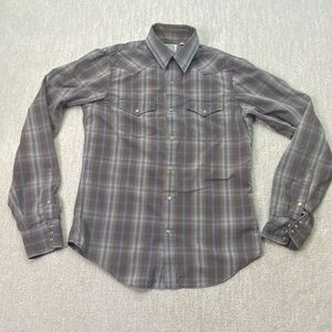 Ruehl snap button shirt mens medium‎ brown plaid long sleeve*